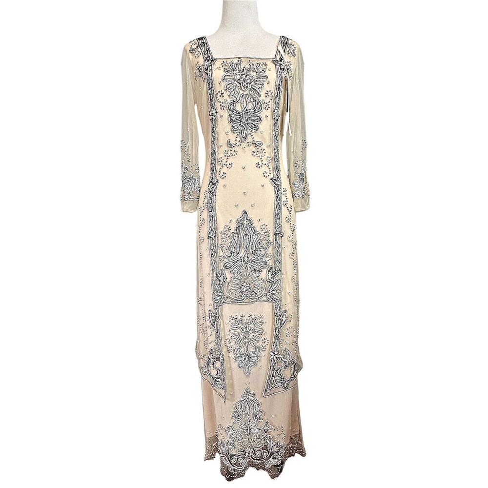 NWT Sue Wong Nocturne Beaded 1920s-Style Dress N-4210 Bone Black Size 6